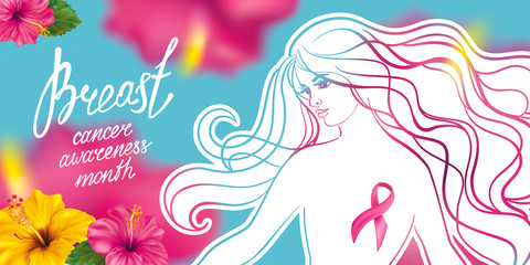 Beautiful girl with pink ribbon on a floral background. October - Breast Cancer Awareness Month. Health care and medicine concept.