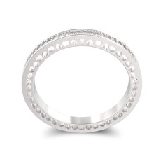 3D illustration isolated white gold or silver eternity band ring with diamonds and hearts with shadow