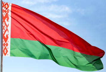 Flag of Belarus against the blue sky