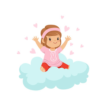 Sweet little girl sitting on cloud surrounded by pink hearts, kids imagination and dreams vector illustration