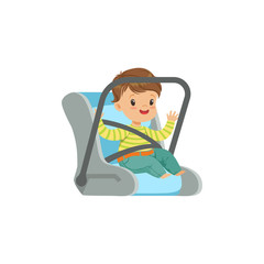 Cute little boy sitting in car seat, safety car transportation of small kids vector illustration