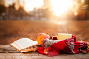 Open book, apple and yellow tea mug with warm scarf © Cherries