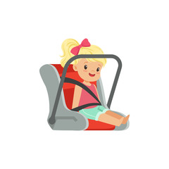 Sweet little girl sitting in car seat, safety car transportation of small kids vector illustration