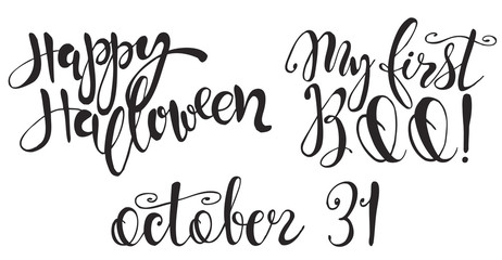 Set with Halloween labels with Hand drawn vector inscriptions and quotes 