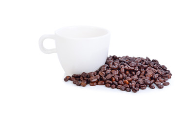coffee beans with a cup isolated on white background