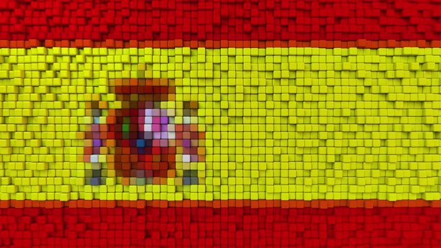 Stylized mosaic flag of Spain made of moving pixels, seamless loop motion background