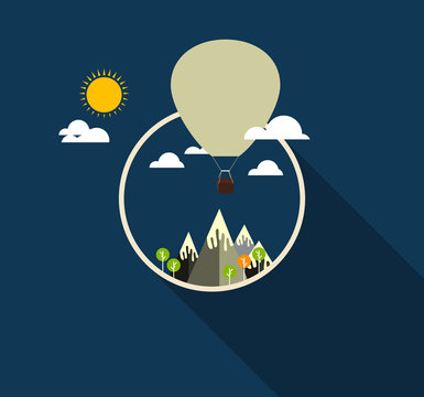 Air balloon flying over the mountain Icons of traveling. Travel background illustration.