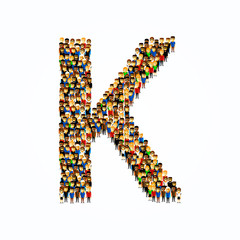 A group of people in the shape of English alphabet letter K on light background. Vector illustration.