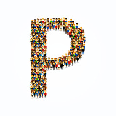 A group of people in the shape of English alphabet letter P on light background. Vector illustration.