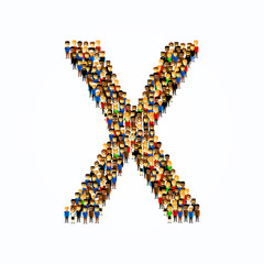 A group of people in the shape of English alphabet letter X on light background. Vector illustration.