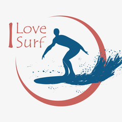 Surfing typography for design clothes, t-shirts. Surfer, surfboard, wave. Graphics for print product. Vector illustration.