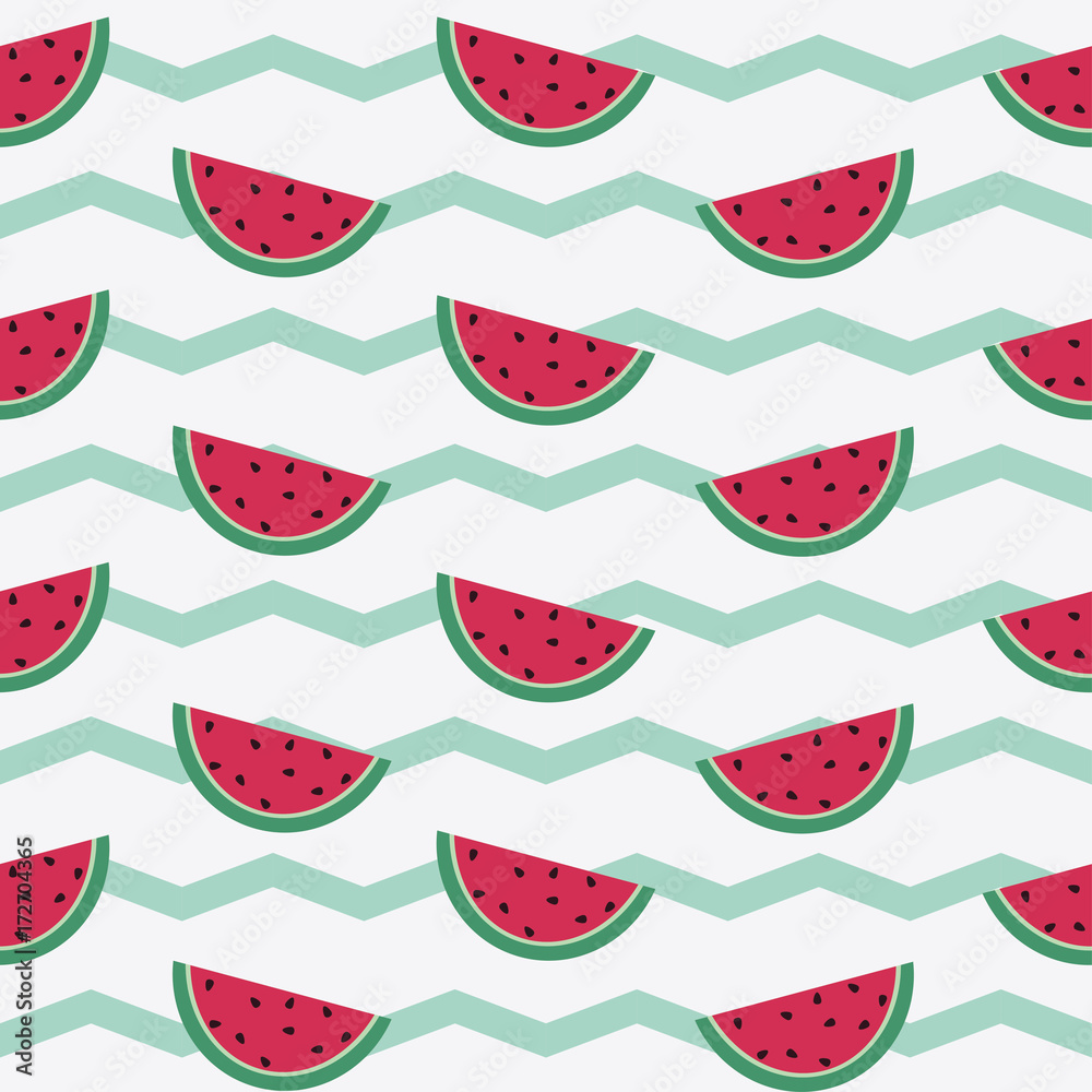 Poster Seamless pattern with watermelon slices. Vector zigzag background. Red fruit on green strips.