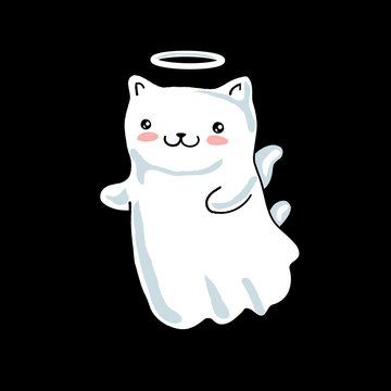 Cartoon cat pictured as a little angel with wings and halo in japanese kawaii style. Isolated on black background.