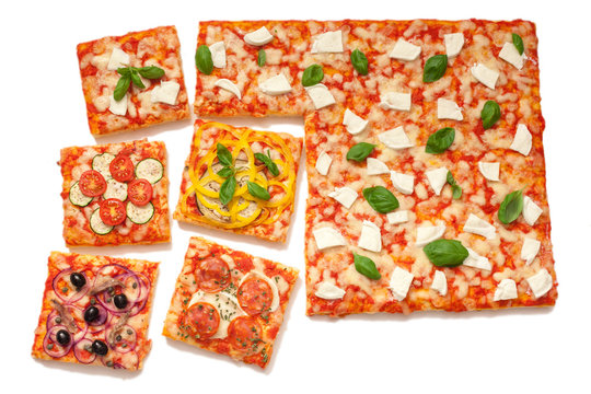 various flavors pizza cut into slices