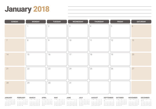 January 2018 Calendar Planner Vector Illustration