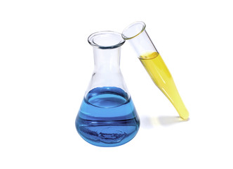 Medical and educational concepts: chemical flask and test-tube with blue and yellow liquid