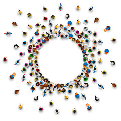 A lot of people stand in a circle on a white background. Vector illustration