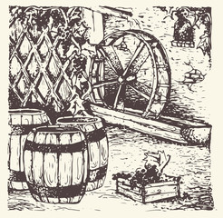  Vector illustration. grapes illustration.Old watermill - hand drawn collection.