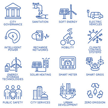 Vector set of thin linear 16 icons related to technology for intelligent urbanism, smart city and urban development. Mono line pictograms and infographics design elements - part 3