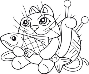 cartoon funny cat with fish

