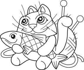 cartoon funny cat with fish
