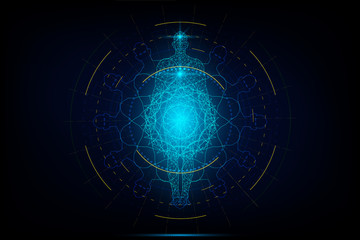 HUD interface virtual human body polygonal on circular anatomical future system health innovation and technology concept background, vector illustration.
