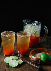Brunch Micheladas in tall glasses with salted rim