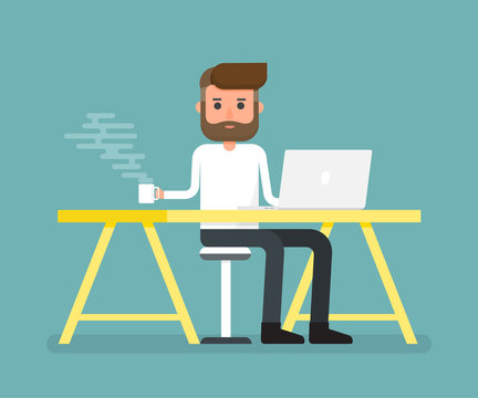 Worker holding coffee mug relax time on desk with laptop. Vector illustration.