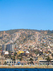 Valparaiso, Chile - Circa February 2012: A view of Valparaiso's harbor, cityscape and steep hills