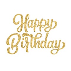 Happy birthday hand lettering with golden glitter effect, curly calligraphy isolated on white background. Vector illustration. Perfect for card design.