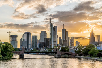Frankfurt at Main skyline in the evening at sunset. Financial center of Germany.