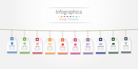 Infographic design elements for your business data with 10 options, parts, steps, timelines or processes, Label tag concept. Vector Illustration.