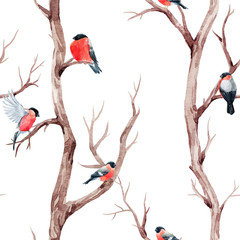 Fall trees and birds vector pattern
