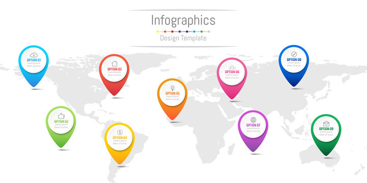 Infographic design elements for your business data with 9 options, parts, steps, timelines or processes, navigation pin concept. Vector Illustration. World map of this image furnished by NASA