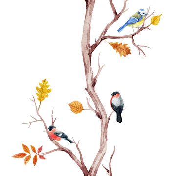 Fall Trees And Birds Vector Pattern