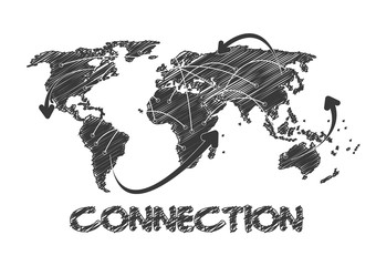 Hand drawn vector world map connection on white background. Vector illustration