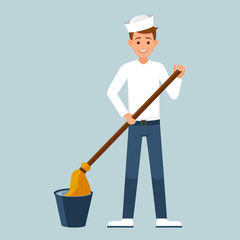 the sailor dipping the MOP in a bucket of water.vector illustration isolated from background, nautical theme