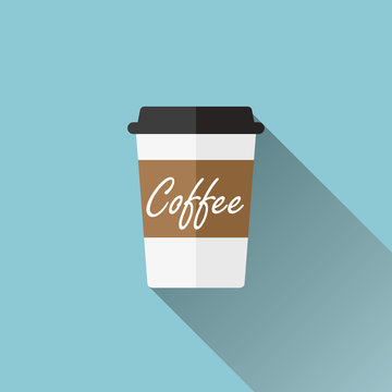 Disposable coffee cup icon - flat design illustration with long shadow, vector