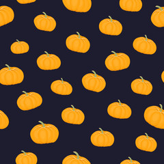 Seamless pattern with pumpkins on a dark blue background. It can be used for websites, packing of gifts, tiles fabrics backgrounds. Vector illustration.