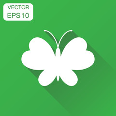 Butterfly icon. Business concept silhouette of a butterfly pictogram. Vector illustration on green background with long shadow.