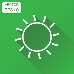 Sun icon. Business concept sun with ray pictogram. Vector illustration on green background with long shadow.