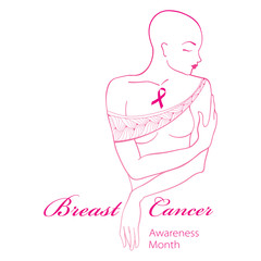 Vector illustration of bald woman after chemotherapy with pink ribbon isolated on white background. Breast Cancer Awareness Month symbol. Design for international health campaign for woman in October.
