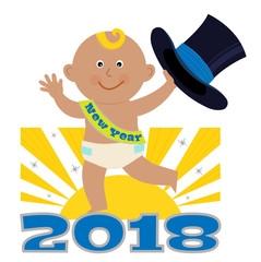 New Year Baby - Cute cartoon of a New Year baby holding a top hat and standing on the number 2018. Eps10