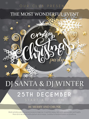 Vector illustration of christmas party poster with hand lettering label - christmas - with stars, sparkles, snowflakes and swirls - 172722187