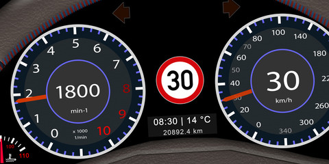 ps_23 ProgrammingScreen - german: Armaturenbrett / Kombiinstrument mit der Anzeige - Verkehrsschilderkennung Tempo 30 - english: traffic sign recognition - speed limit 30 - 2to1 - g5529 - obrazy, fototapety, plakaty