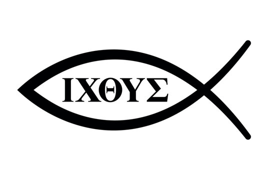 Sign of the fish with initial letters of five Greek words forming the word Ichthus for fish. The English translation of the five words are Jesus Christ, Son of God, Saviour. Black illustration. Vector