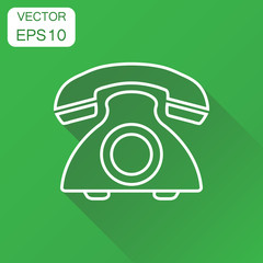 Phone icon. Business concept old vintage telephone in line style pictogram. Vector illustration on green background with long shadow.