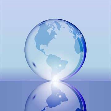 Blue shining transparent earth globe with South and North America continents laying on glass surface and reflecting in it. Bright and shining design. Vector illustration.
