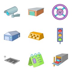 Garage shop icons set, cartoon style