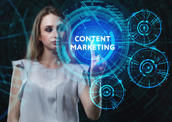 The concept of business, technology, the Internet and the network. A young entrepreneur working on a virtual screen of the future and sees the inscription: Content marketing